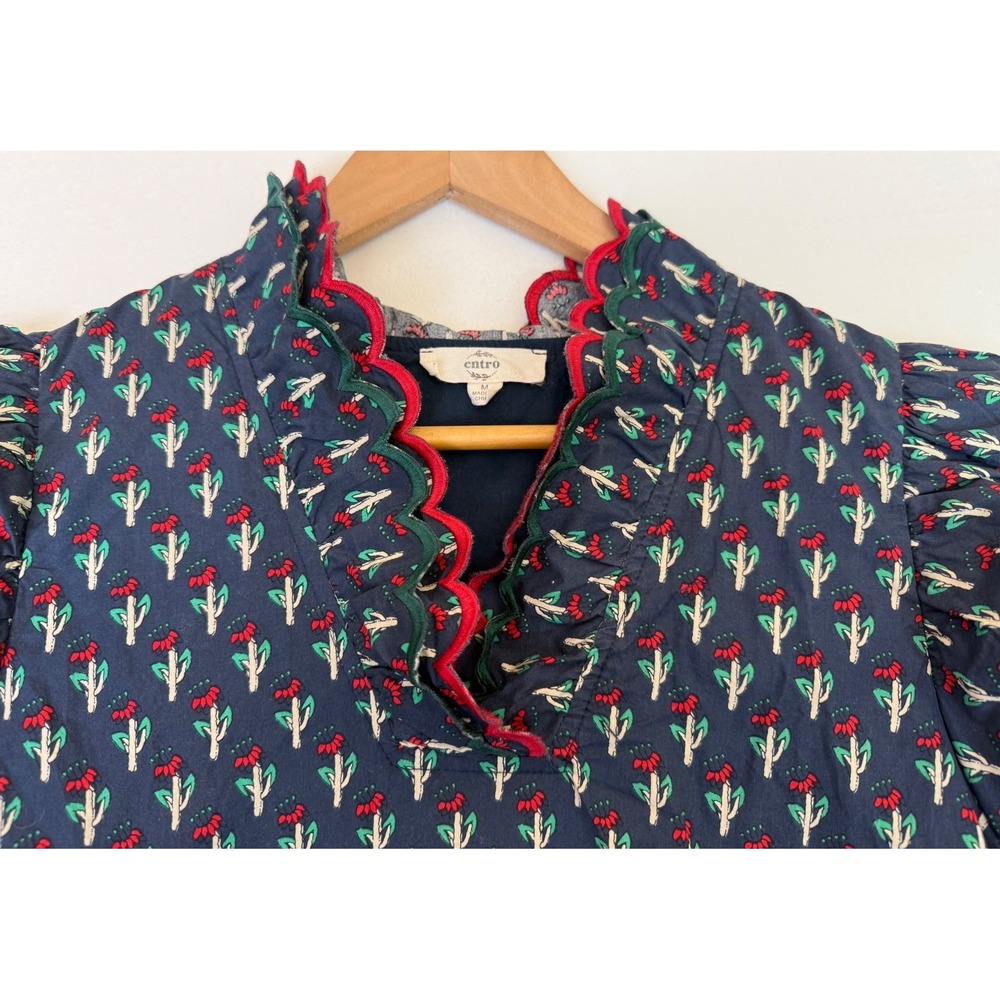 ENTRO Navy Blue Cactus Floral Flutter Sleeve Ruffle Tiered Mini Shift Dress Sz M - Picture 4 of 12